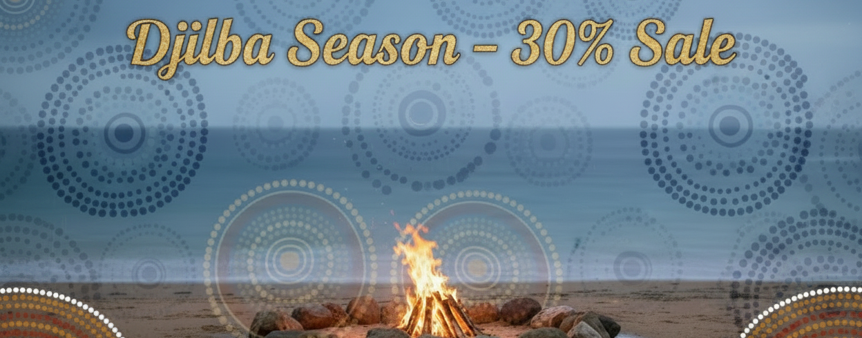 Djilba Season banner with blue circles and centred text